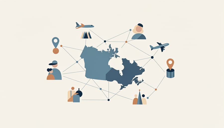 Aerial view of diverse international travelers standing on world map at airport terminal