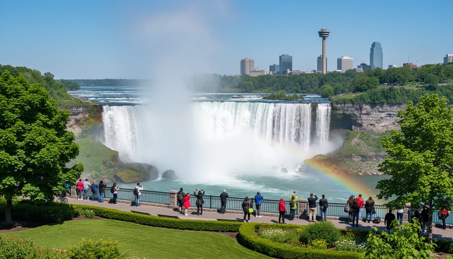 International tourists viewing Niagara Falls from observation area