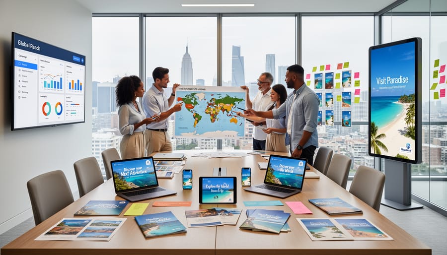 Tourism marketing materials and digital devices displaying Ontario travel content