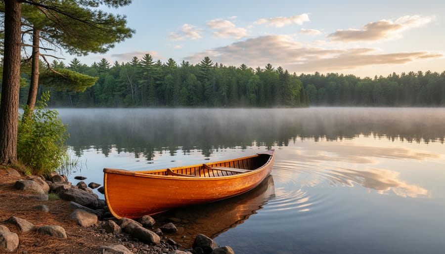 Canoe on a misty Algonquin Park shoreline at sunrise