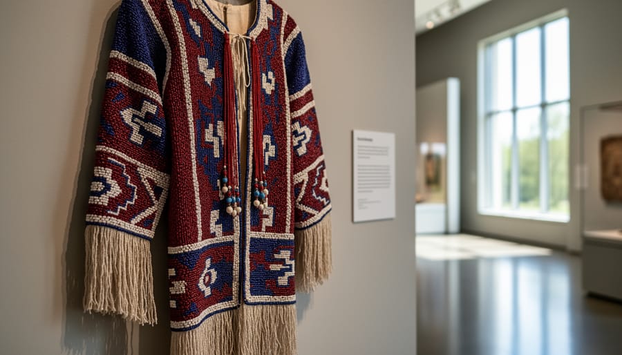 Close-up of an Indigenous artwork on display in a museum gallery