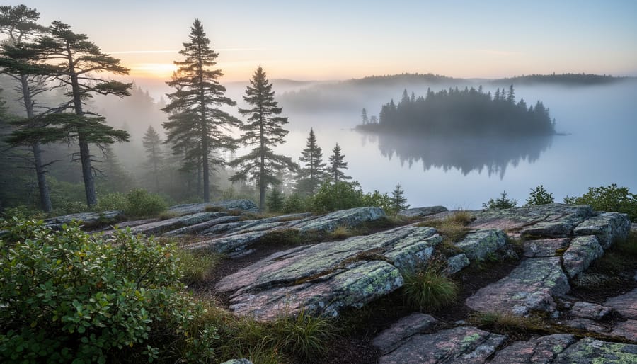 Misty pine forest and rocky shoreline wilderness in Ontario