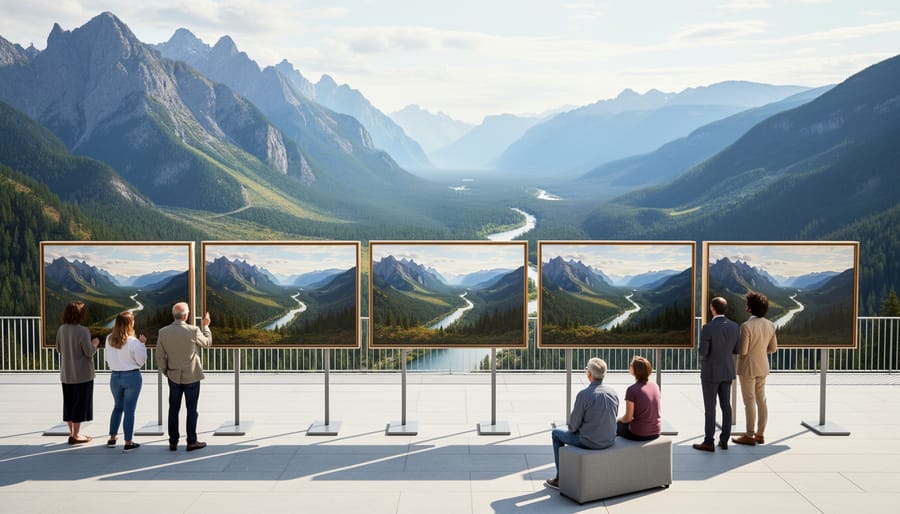 Outdoor art installation with an easel and visitors overlooking a Canadian wilderness viewpoint
