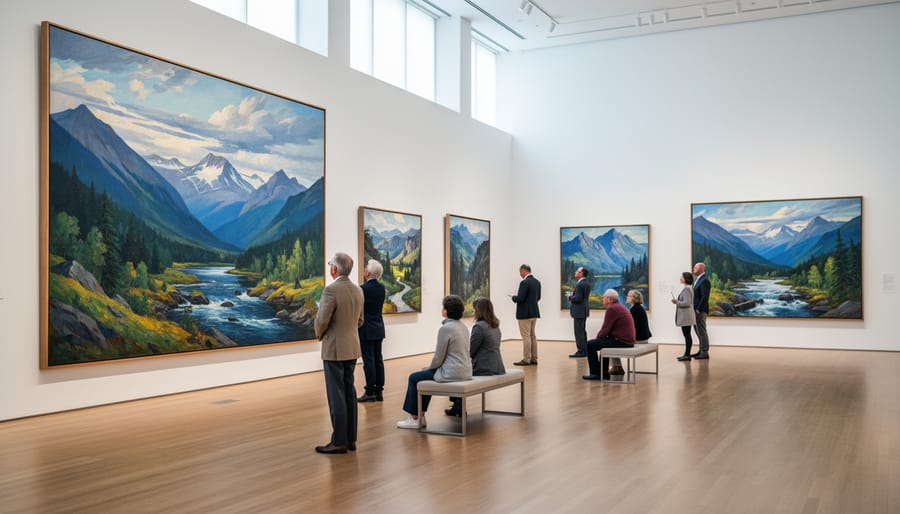 Visitors viewing framed paintings in the McMichael gallery