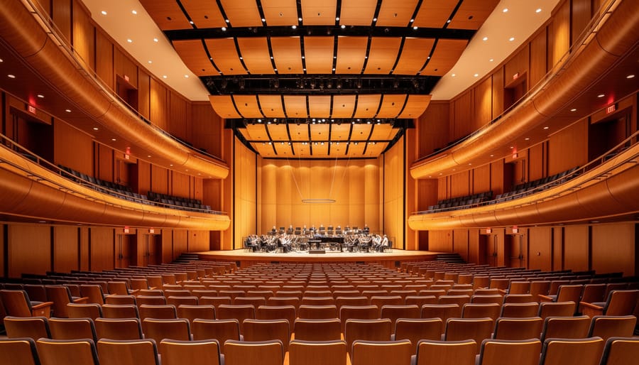 View of Koerner Hall’s wood-paneled interior with curved balcony seating looking toward the stage.