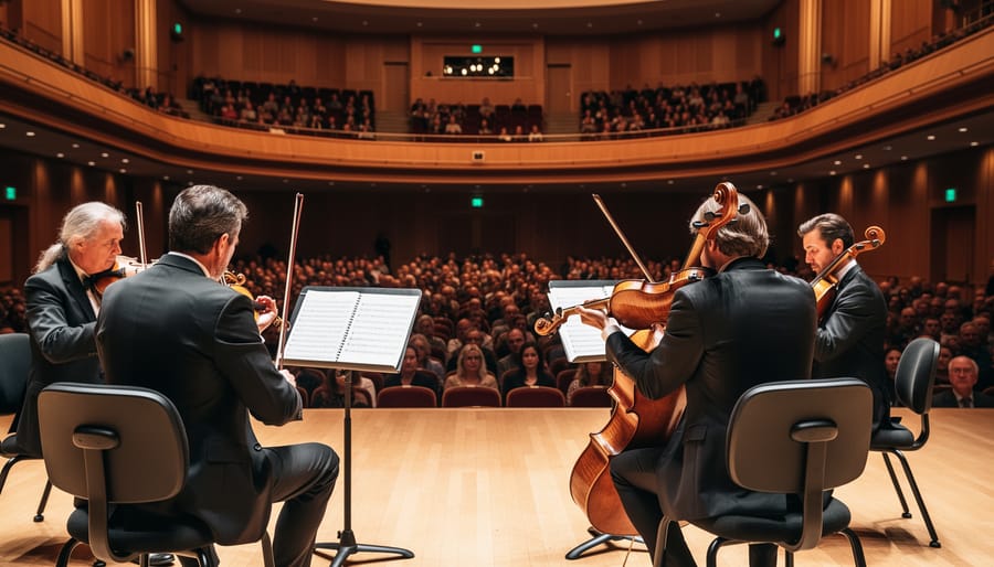 Musicians performing in Koerner Hall seen from the audience, with stage lights and warm wood tones surrounding them.