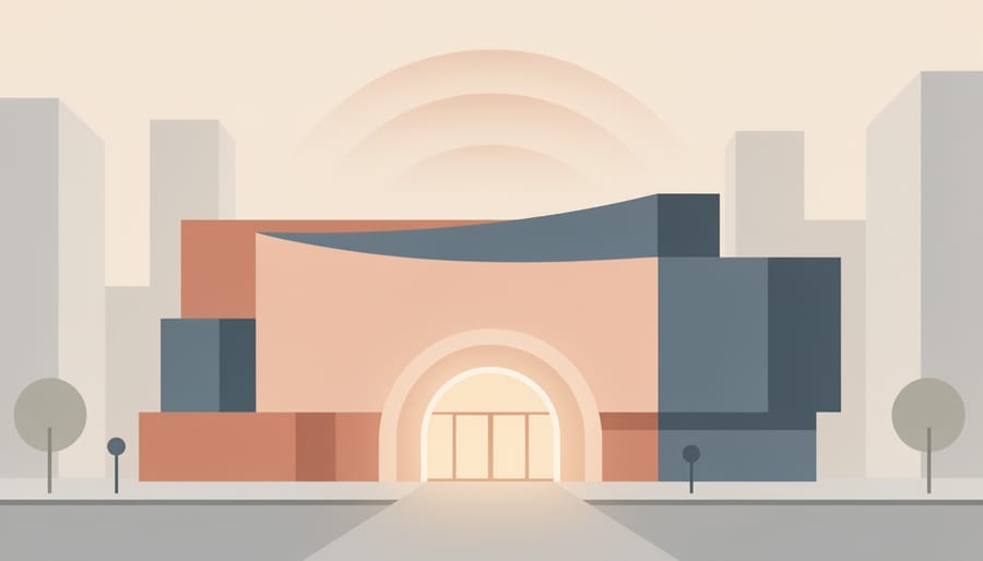 Koerner Hall exterior entrance at golden hour with travelers approaching the building.