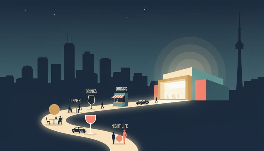 Evening street with warm lit entrance of a concert hall glowing in the distance