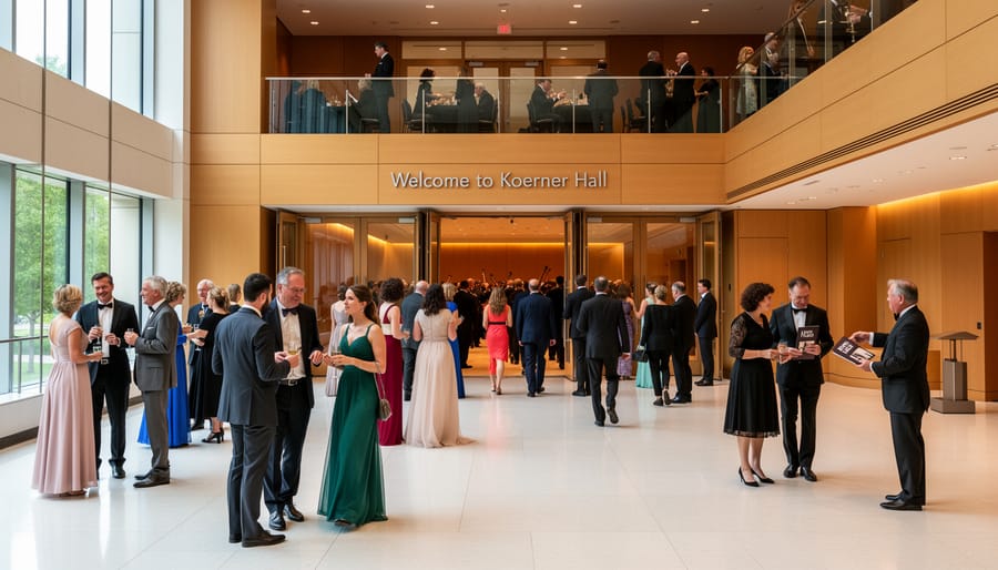 Concert-goers entering Koerner Hall through glass doors at the start of an evening performance