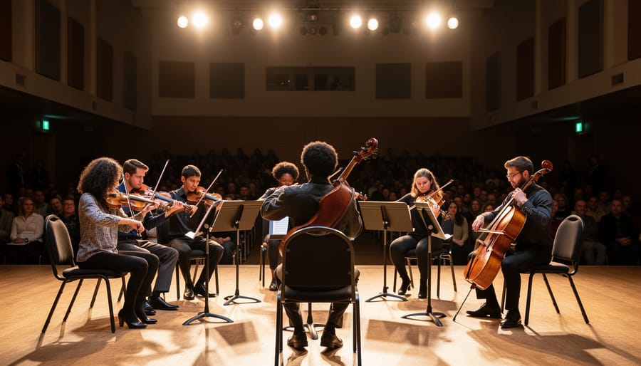 String quartet performing onstage with visible violin and cello under warm stage lighting