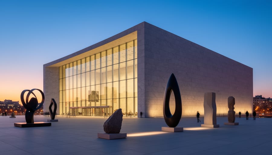 Exterior view of the National Gallery of Canada building at dusk with glass and granite facade